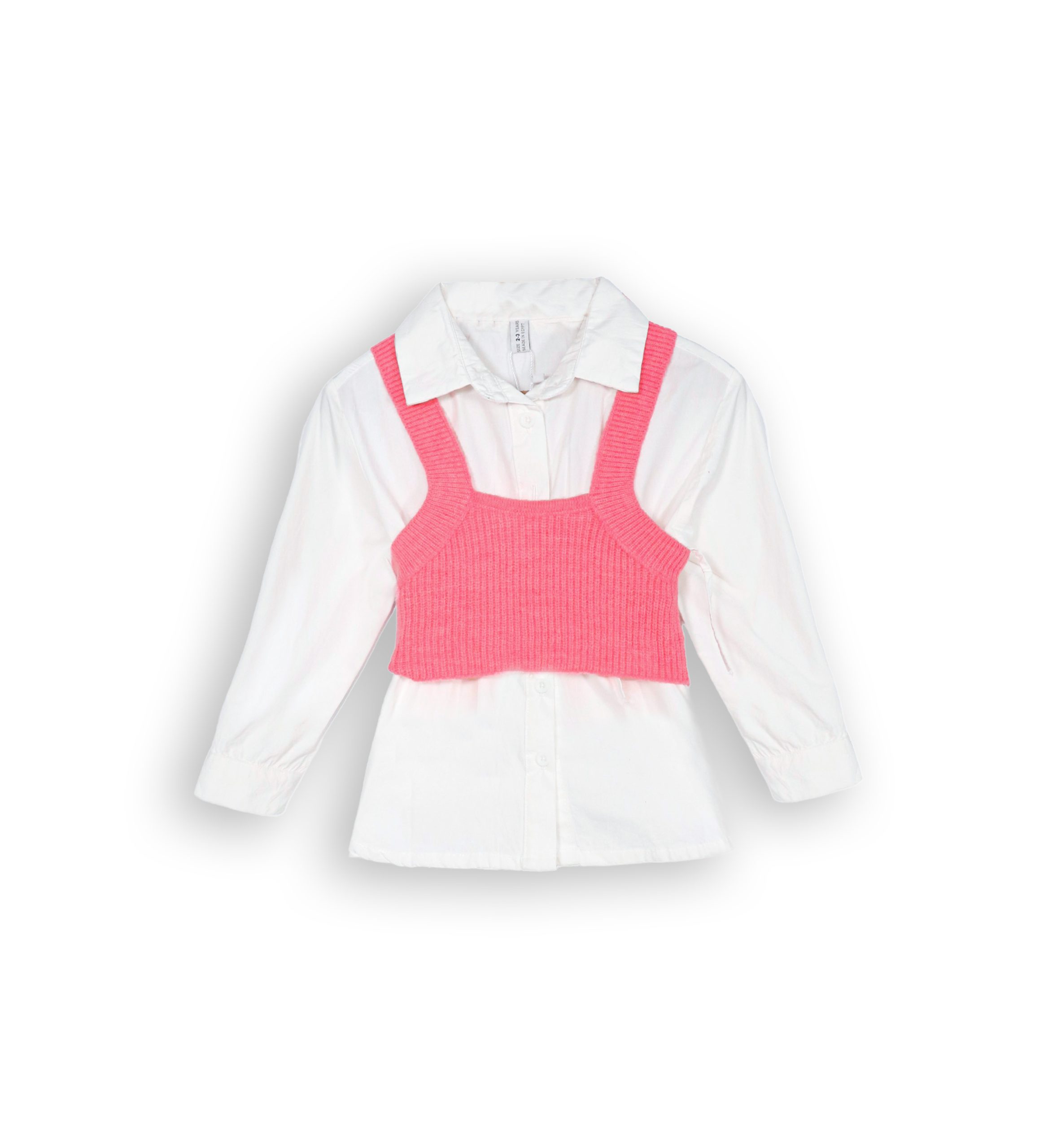 251403 FU-251259 OW Set Poplin Dress & Knitwear Vest 251403-251259 White&Fuscia - Image 1